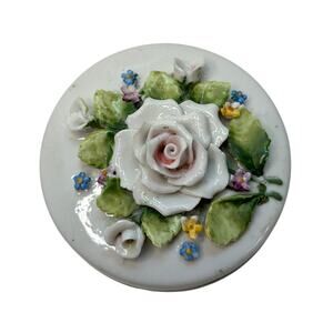 AS IS Porcelain Lidded Trinket Dish German Lusterware Applied Roses Powder Box